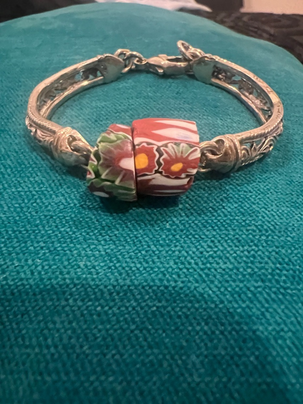 Taxco Silver Bracelet with Red and Green Floral Millefiori Beads
